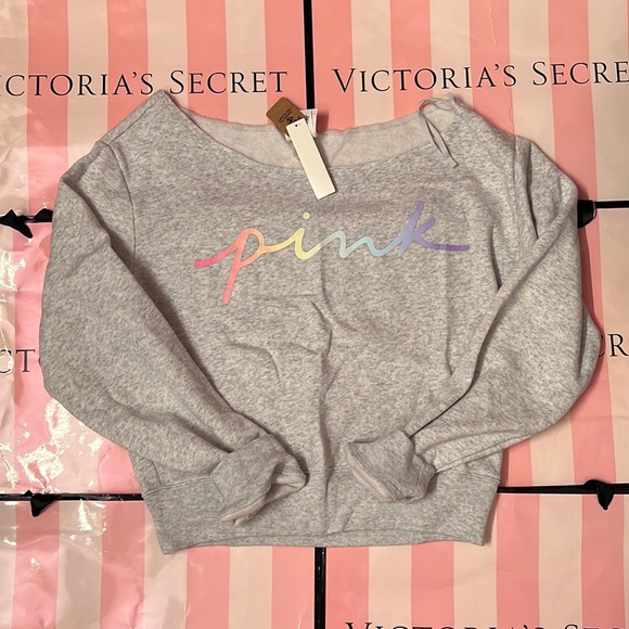 VS Pink gray rainbow logo off shoulder crop sweatshirt top - Picture 2 of 3